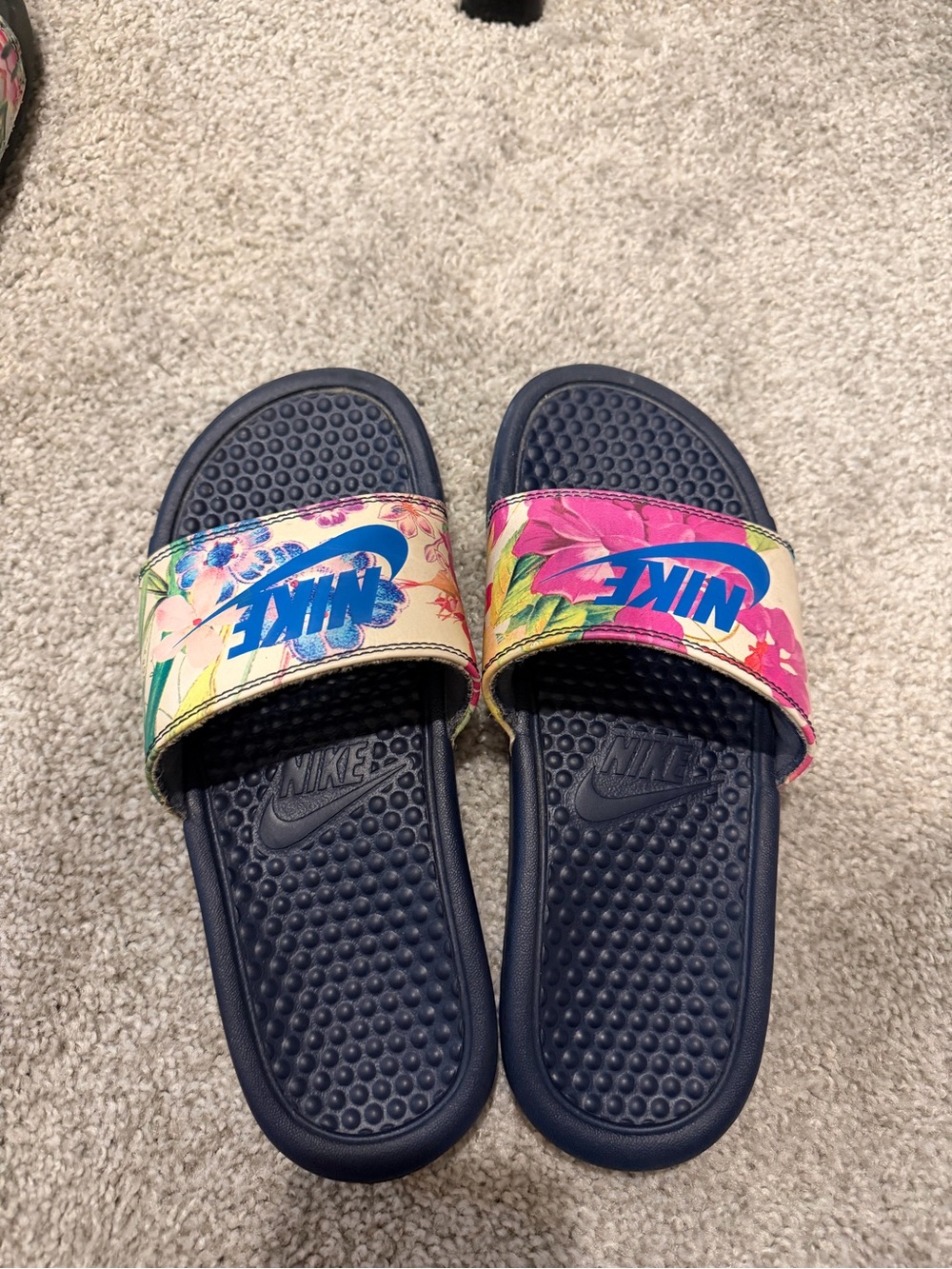 Nike Navy Slide Sandals with Floral Pink & Yellow Straps
